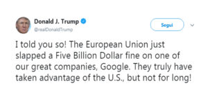 Multa a Google: Trump contro l'Unione Europea